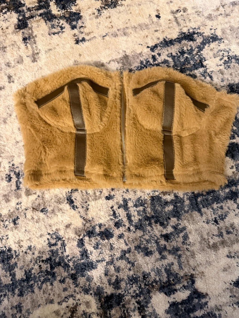 SHEIN Faux Fur Strap-Accent Crop Top in Camel